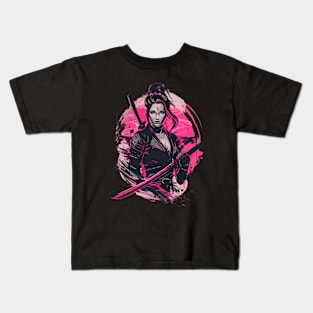 Pink Cyber Samurai Girl with Katana Kids T-Shirt